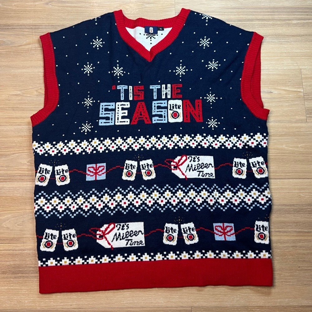 Miller Lite Mens Sweater Vest Ugly Christmas Tis The Season Navy Blue XXL